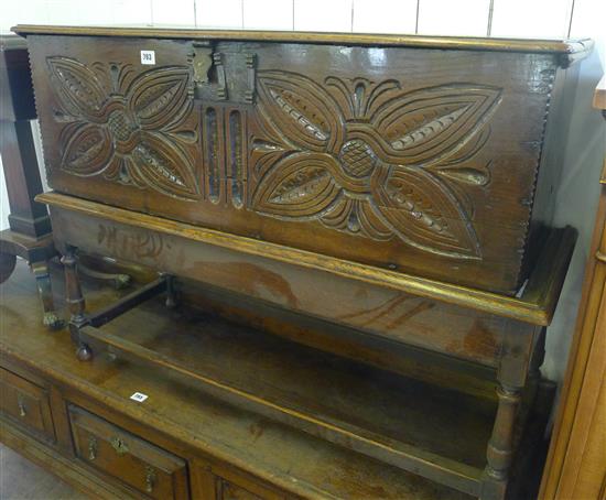 Carved oak bible box on stand